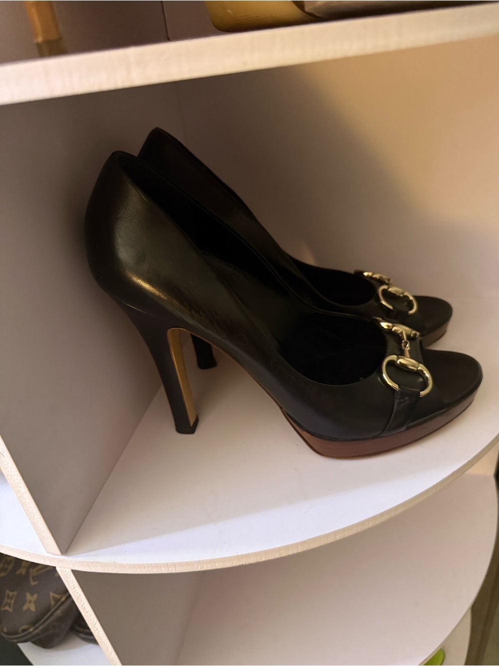 Gucci Black Leather Open-Toe Heels with Gold Horsebit Accent